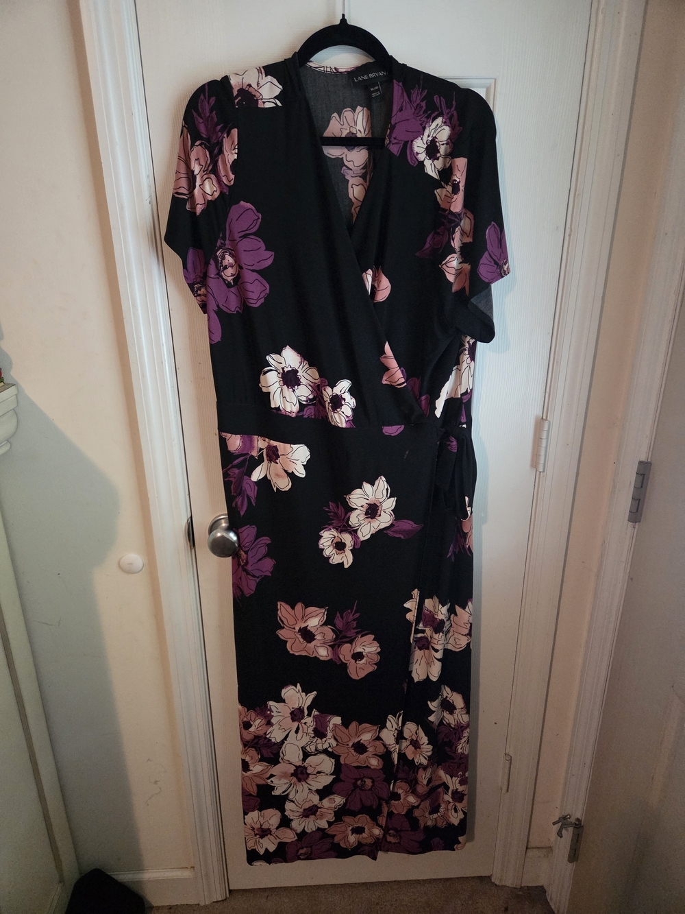 Lane Bryant Black Floral Wrap Maxi Dress with Purple & Cream Flowers